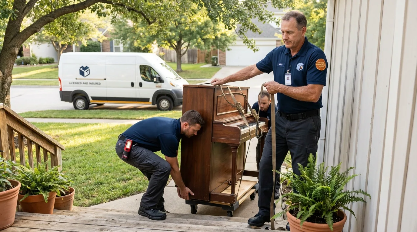 Licensed piano movers securing grand piano in Waukegan, IL
