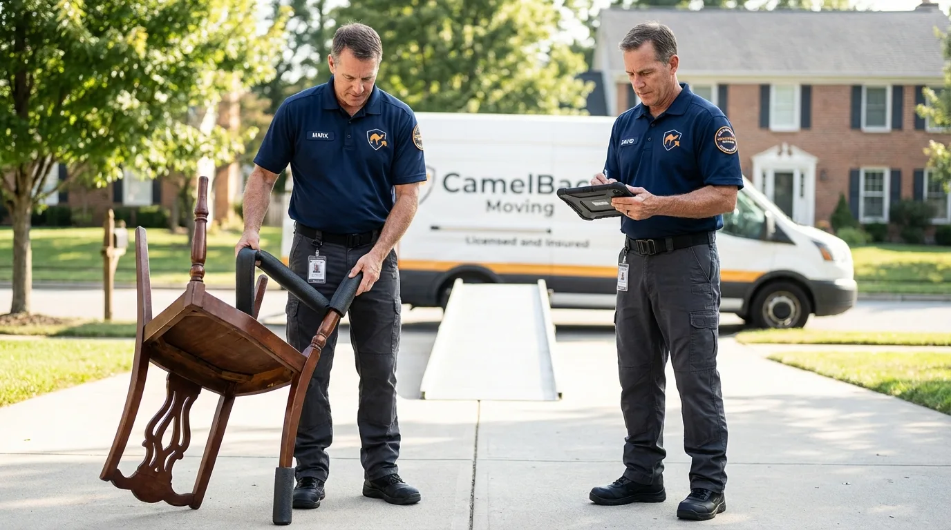 Movers inspecting furniture for damage prevention before loading in Waukegan, IL